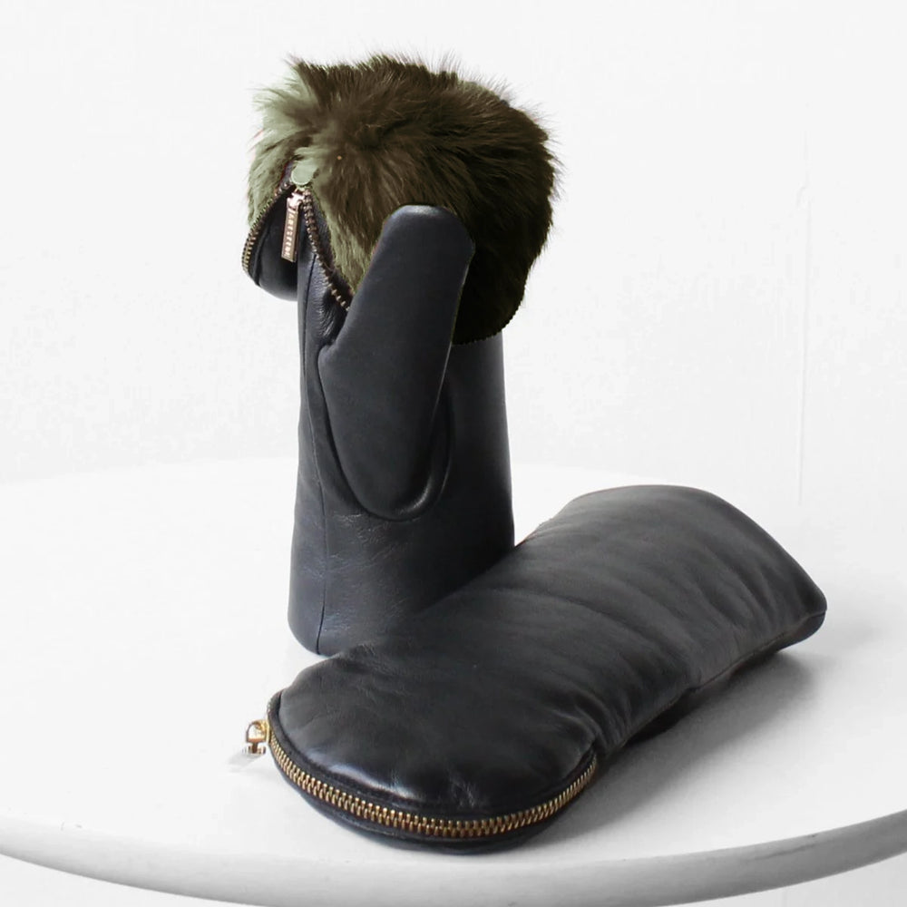 Leather Mitten with Fur Lining - Black/Khaki