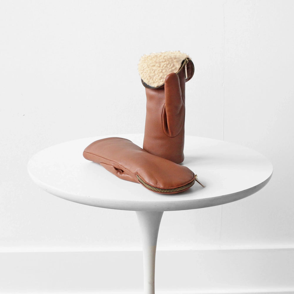 Leather Mitten with Fleece Lining - Saddle/Ivory