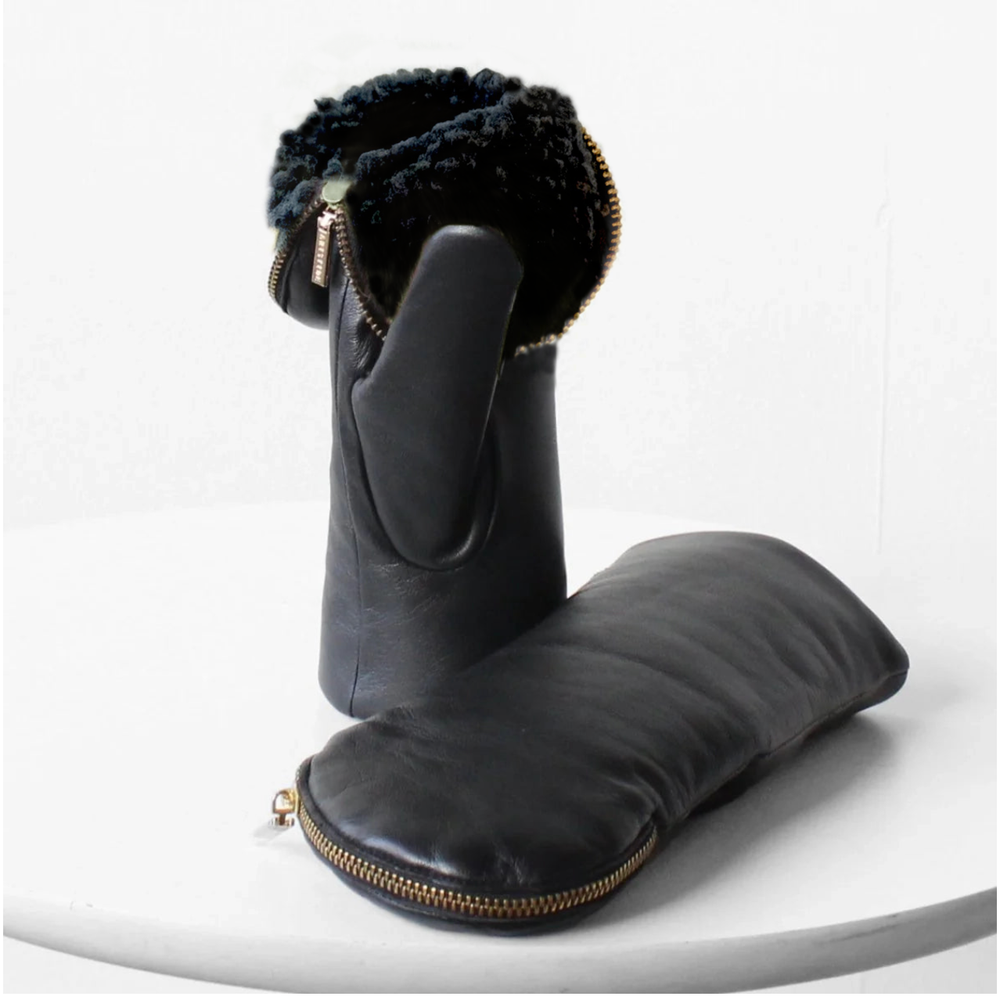 Leather Mitten with Fleece Lining - Black/Navy