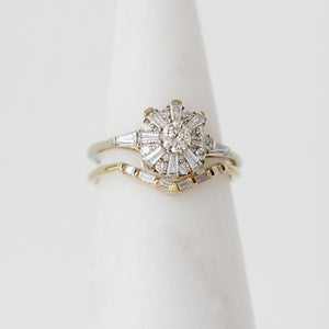 Artemer Baguette Diamond Chevron band in 18k yellow gold with the Sun Temple Ring in 18k white gold