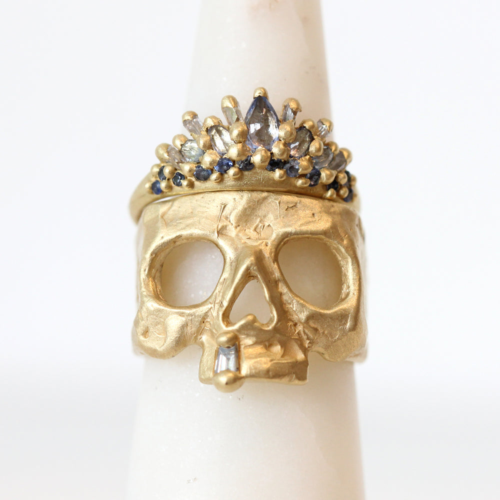 
            
                Load image into Gallery viewer, Polly Wales Baguette Diamond Snaggletooth Skull Ring in 18K Yellow Gold with Polly Wales Moon Petal ring
            
        
