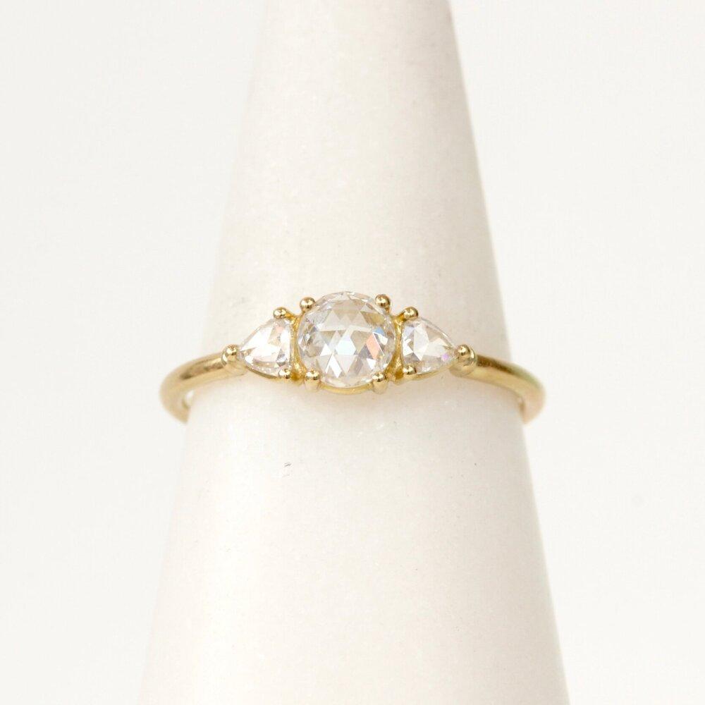 Tura Sugden three stone ring with antique diamonds in 18k yellow gold